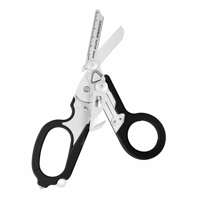 Translation missing: de.Open Black Leatherman Raptor Rescue trauma shears with premium scissors and various tools