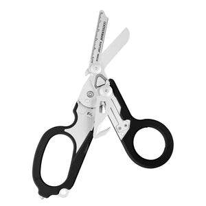 Translation missing: de.Open Black Leatherman Raptor Rescue trauma shears with premium scissors and various tools