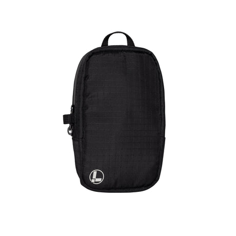 Translation missing: de.A Leatherman Tool Pouch in a Black color, featuring a minimalist rectangular design with a grid-patterned fabric texture, a black top loop for carrying, and a side zipper with a pull tab. The pouch is adorned with a subtle Leatherman logo in the lower left corner