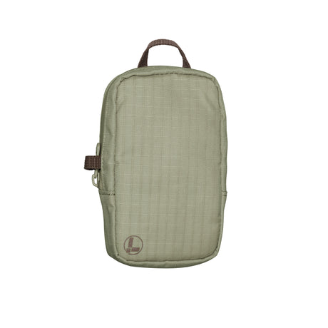 Translation missing: de.A Leatherman Tool Pouch in a Mossy Fog color, featuring a minimalist rectangular design with a grid-patterned fabric texture, a brown top loop for carrying, and a side zipper with a pull tab. The pouch is adorned with a subtle Leatherman logo in the lower left corner