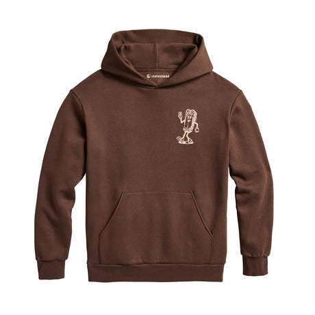 Translation missing: de.Front of the brown Mr Wave pullover hoodie showing a small mascot designed like the leatherman Wave
