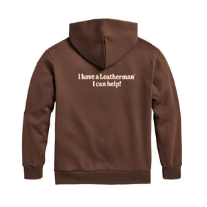 Translation missing: de.Back of the brown Mr. Wave Hoodie with the slogan "I have a Leatherman, I can help!"