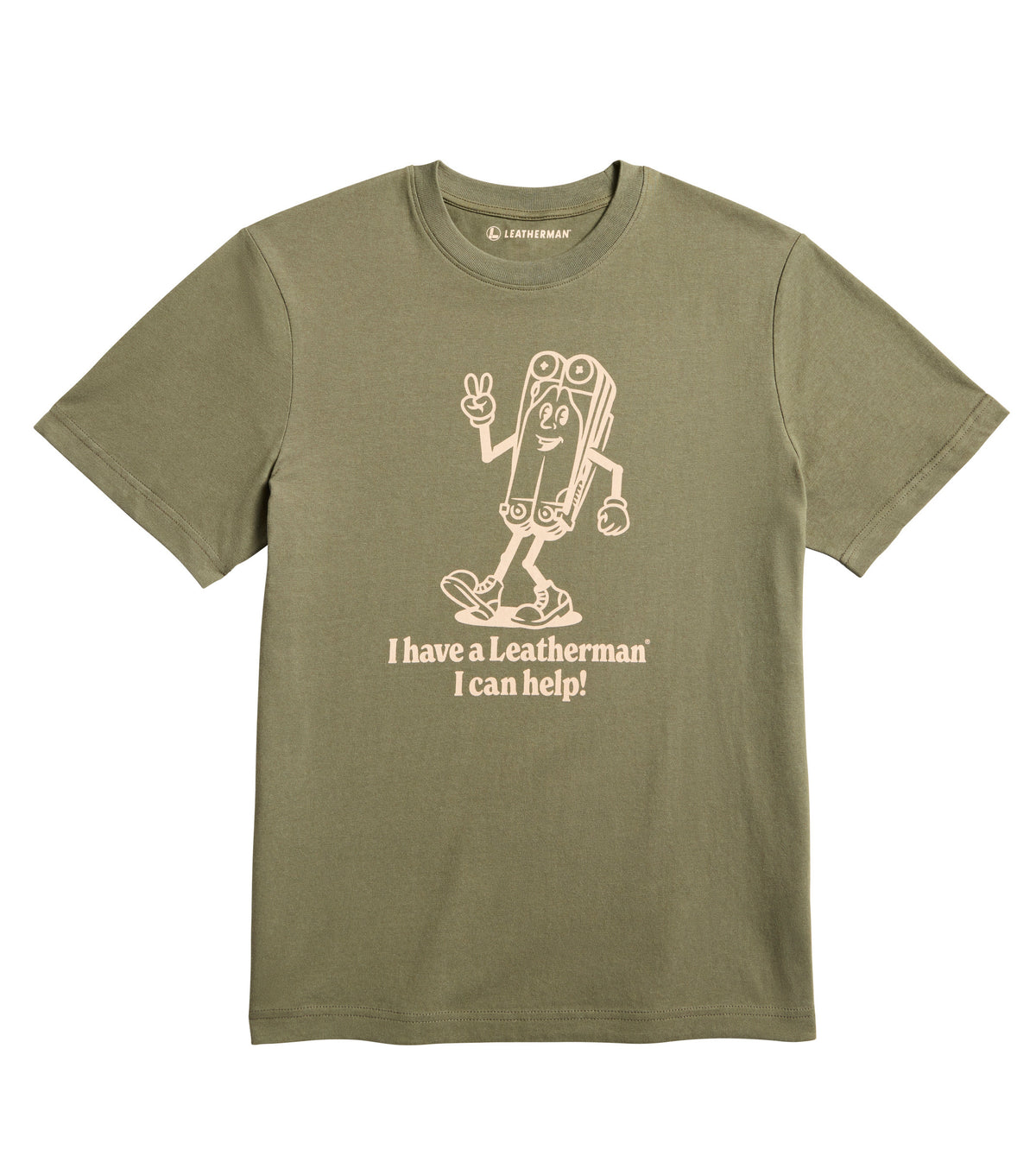 Translation missing: es.Olive khaki tee shirt with the Mr. Wave logo displaying a character based on the Wave with the slogan 'I have a Leatherman, I can help!"