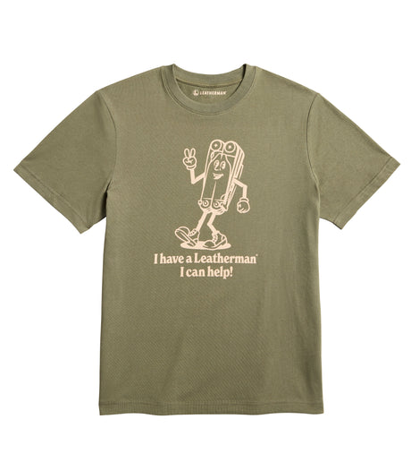 Translation missing: de.Olive khaki tee shirt with the Mr. Wave logo displaying a character based on the Wave with the slogan 'I have a Leatherman, I can help!"