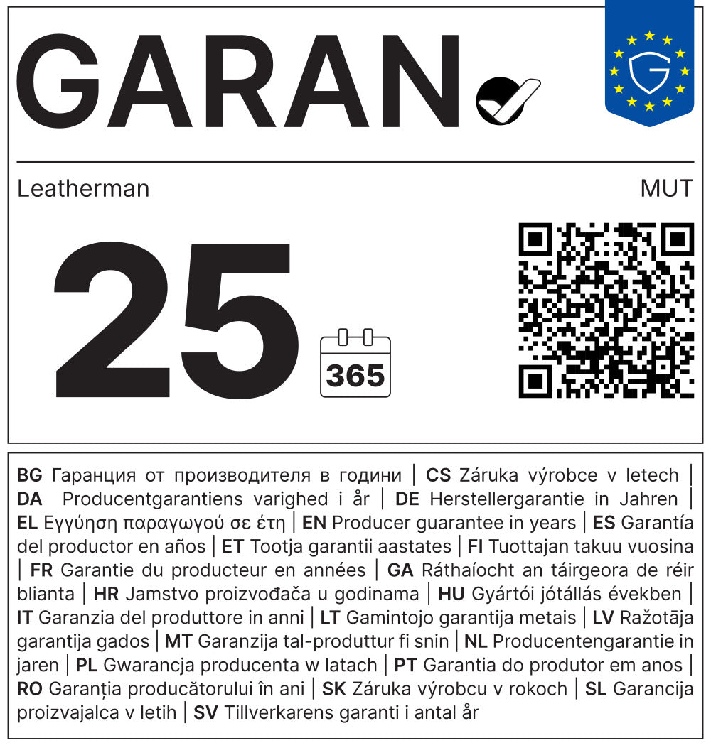 Translation missing: de.Leatherman MUT warranty label showing 25-year guarantee, 365-day calendar icon, QR code, and multilingual text