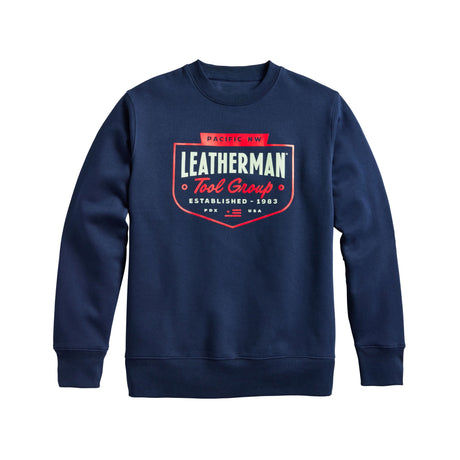Translation missing: de.Navy crewneck with the Leatherman Pacific Northwest logo. Established 1983