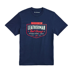 Translation missing: fr.Navy Leatherman Pacific Northwest tee with a red emblem logo. Established 1983