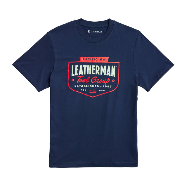 Translation missing: fr.Navy Leatherman Pacific Northwest tee with a red emblem logo. Established 1983
