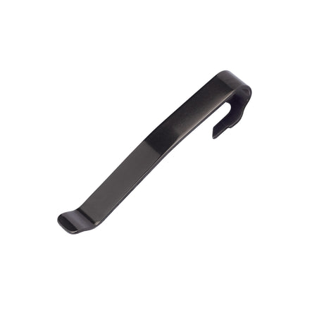 Translation missing: de.Front side of the Black Leatherman Quick-Release Pocket Clip showing the flat engravable surface