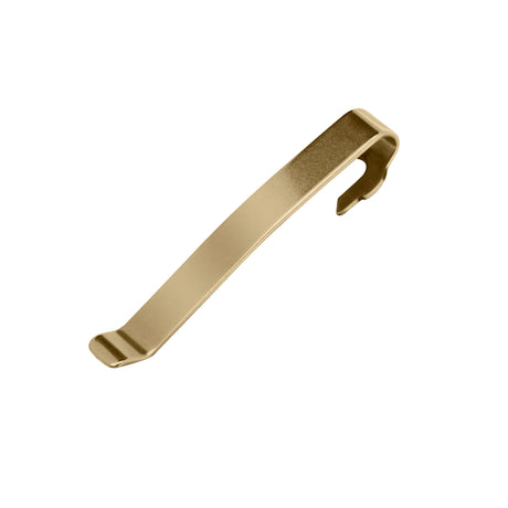 Translation missing: de.Front side of the Brass Leatherman Quick-Release Pocket Clip showing the flat engravable surface