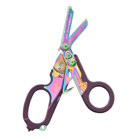 Translation missing: de.Raptor® Rescue folding shears in Rainbow color with purple handles, shown open to display blades and tool details