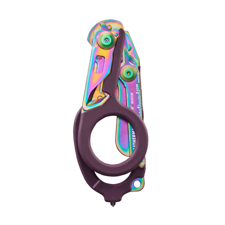 Translation missing: de.Folded Raptor® Rescue tool with Rainbow finish and dark handle, showing the ring grip and compact profile