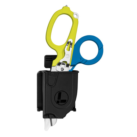 Black Raptor® Rescue Holster with Leatherman Raptor Rescue inside, showcasing its easy access.