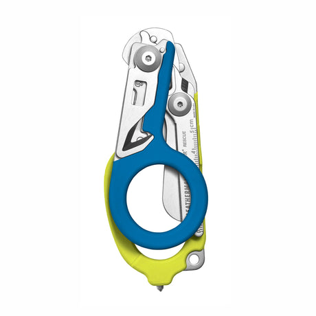 Translation missing: de.Yellow and Blue Leatherman Raptor Rescue trauma shears folded, showcasing its compact size