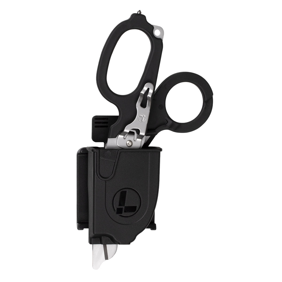 Translation missing: de.Black Raptor® Rescue Holster with Leatherman Raptor Rescue inside, showcasing its easy access