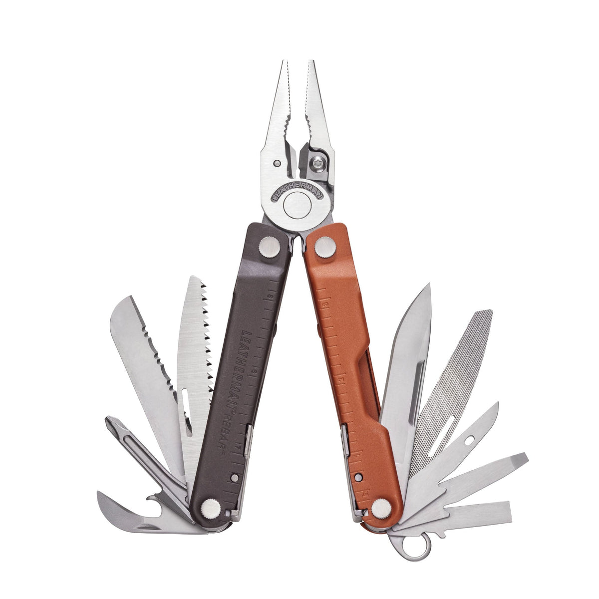 Translation missing: de.Burnt Sienna Leatherman Rebar® multi-tool with pliers and various tools extended, showcasing durable design