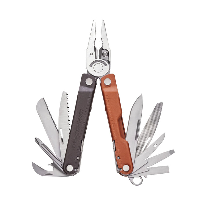 Translation missing: de.Burnt Sienna Leatherman Rebar® multi-tool with pliers and various tools extended, showcasing durable design