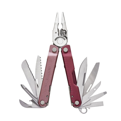 Translation missing: de.Heathered Cranberry Leatherman Rebar® multi-tool with pliers and various tools extended, showcasing durable design