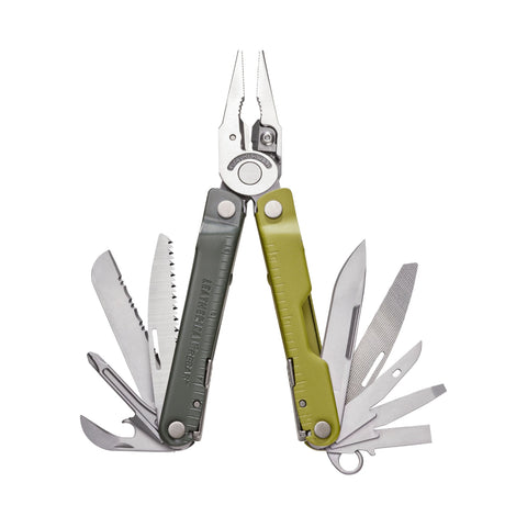 Translation missing: de.Mossy Slate Leatherman Rebar® multi-tool with pliers and various tools, showcasing the durable design and ergonomic handles