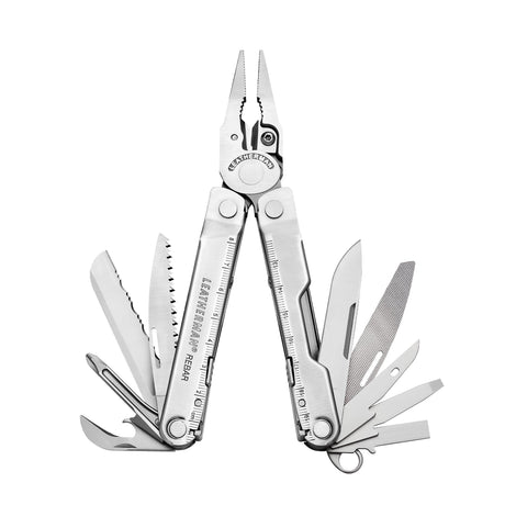 Translation missing: de.Stainless Steel Leatherman Rebar® multi-tool with pliers and various cutting tools displayed open
