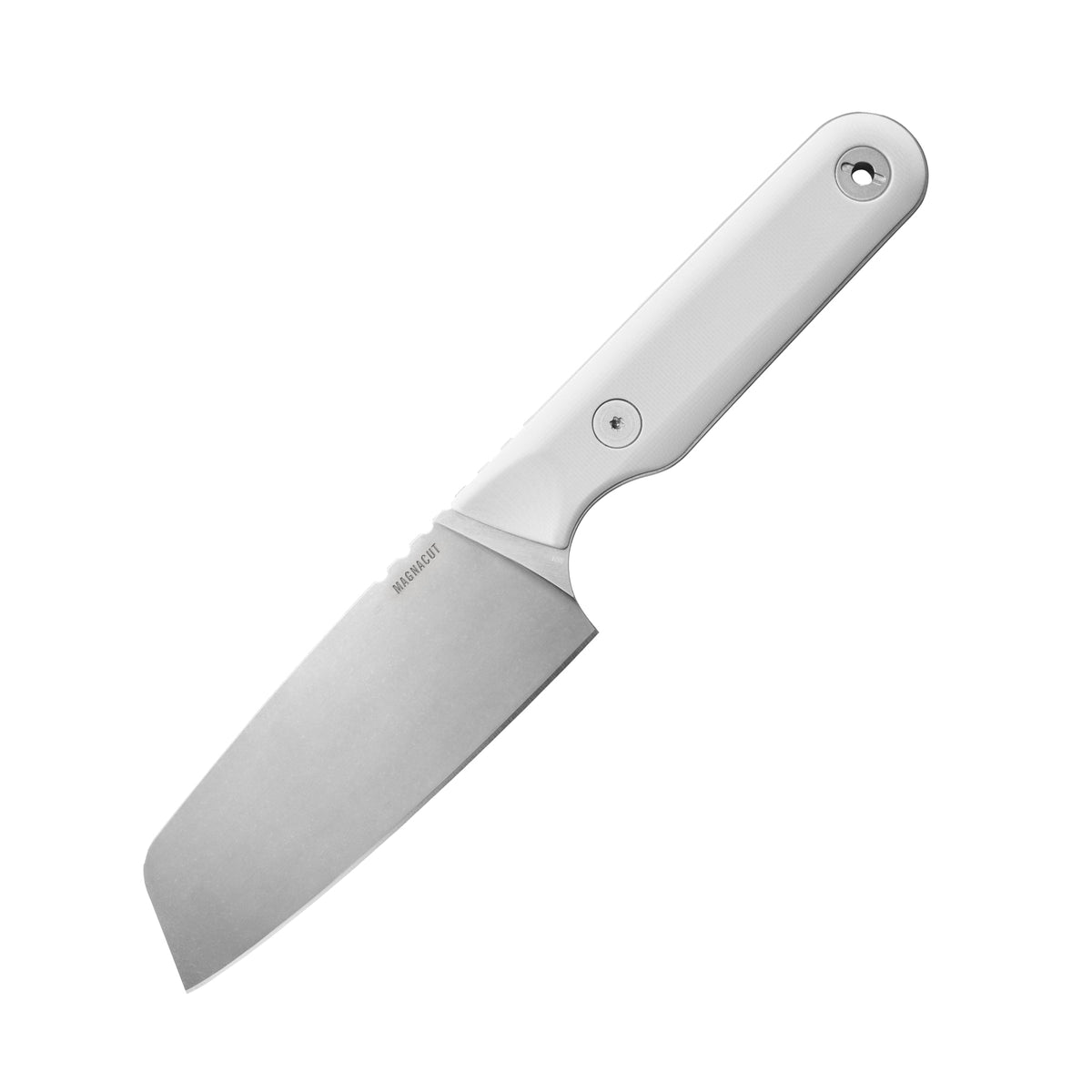 Translation missing: it.Leatherman Rustle Alpine knife showing the smooth white handle and stainless steel blade against a white background