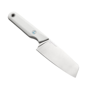 Translation missing: it.Leatherman Rustle Alpine knife, highlighting the logo on the white handle and the wide blade, set against a white backdrop
