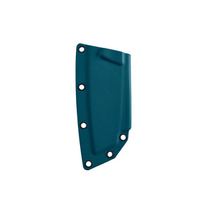 Translation missing: it.Teal molded knife sheath with multiple rivet holes for secure attachment, displayed on a white background