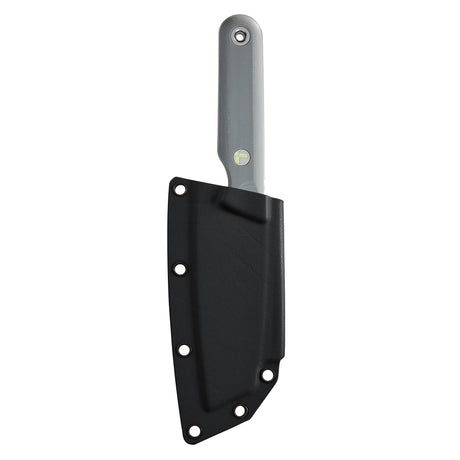 Translation missing: de.Vapor grey Leatherman Rustle knife inserted into a black Kydex sheath, showing the Vapor Grey handle and logo against a white background