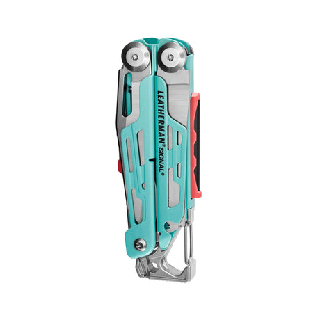Translation missing: de.Aqua and stainless Leatherman Signal® multi-tool closed, showcasing its compact design