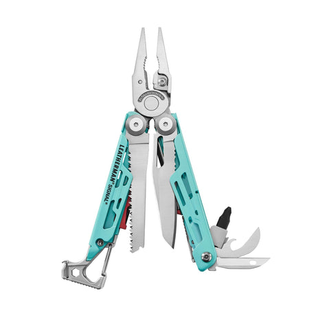 Translation missing: de.Aqua and stainless Leatherman Signal® multi-tool showcasing pliers, blades, and other essential features for outdoor adventures