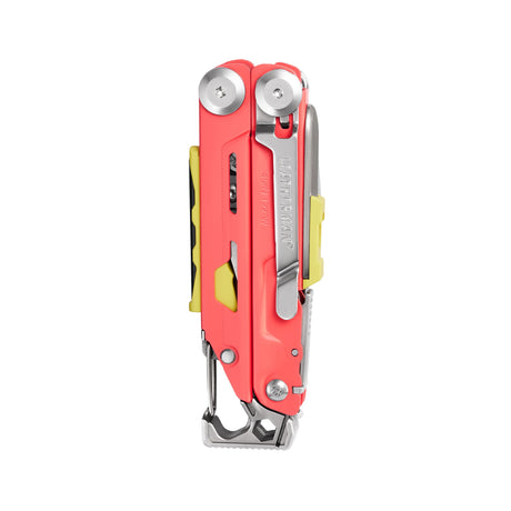 Guava Leatherman Signal® multi-tool closed, featuring pocket clip, hammer, and various functions for outdoor and emergency use.
