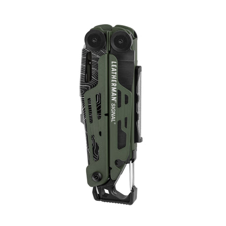 Translation missing: de.Closed green Leatherman Signal multitool with black accents and carabiner clip