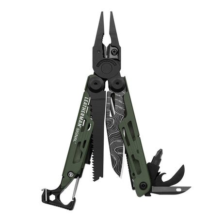 Translation missing: de.Green Leatherman Signal multitool fanned open, showing pliers, blades, saw, bit driver, and carabiner clip