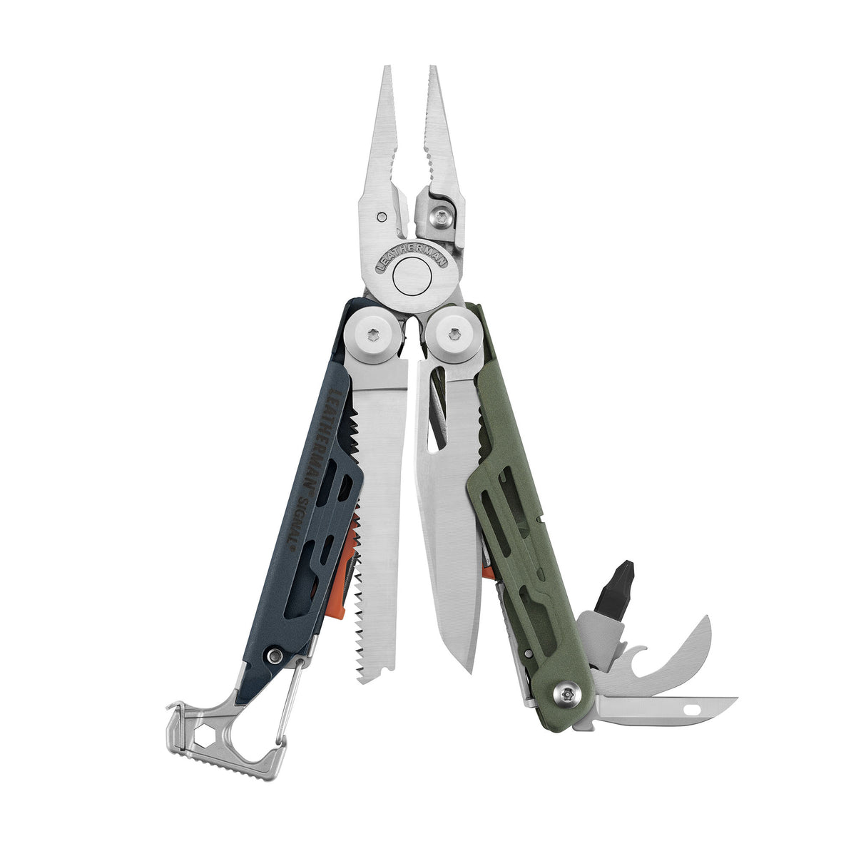 Translation missing: de.Signal® multitool in Tundrascape color, fanned open to show pliers, blades, saw, bit driver, hook, and carabiner