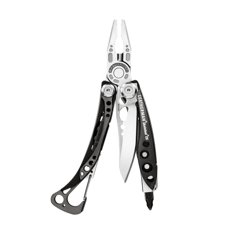 Translation missing: de.Skeletool® CX multitool in Black &amp; Stainless with pliers, knife blade, bit driver, and carabiner deployed
