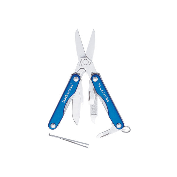 Opened blue Leatherman Squirt S4 displayed on white background.