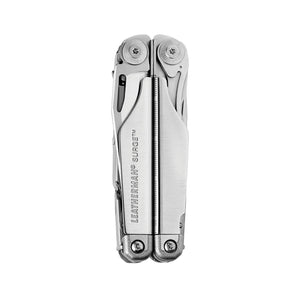 Stainless steel Leatherman Surge® multi-tool closed , showcasing its sleek design and compact ability.