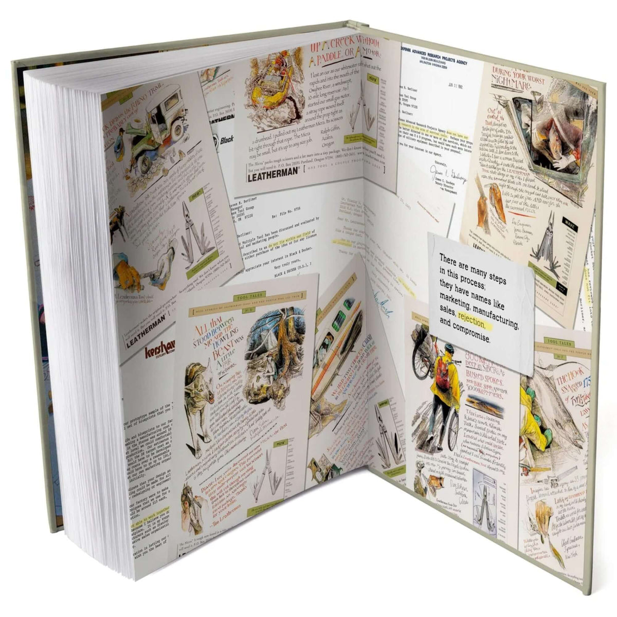 The Leatherman Book open to an interior spread of illustrated Leatherman Tool Tales stories