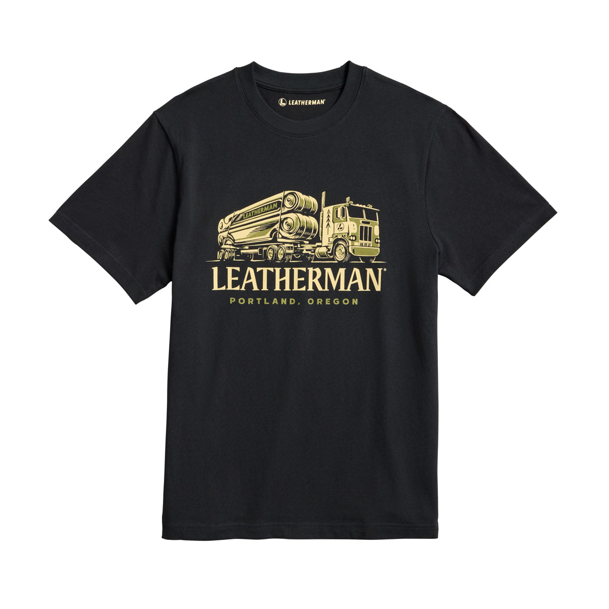 Translation missing: de.Black Leatherman Timber Tee depicting a timber truck hauling a massive Leatherman multitool on the trailer