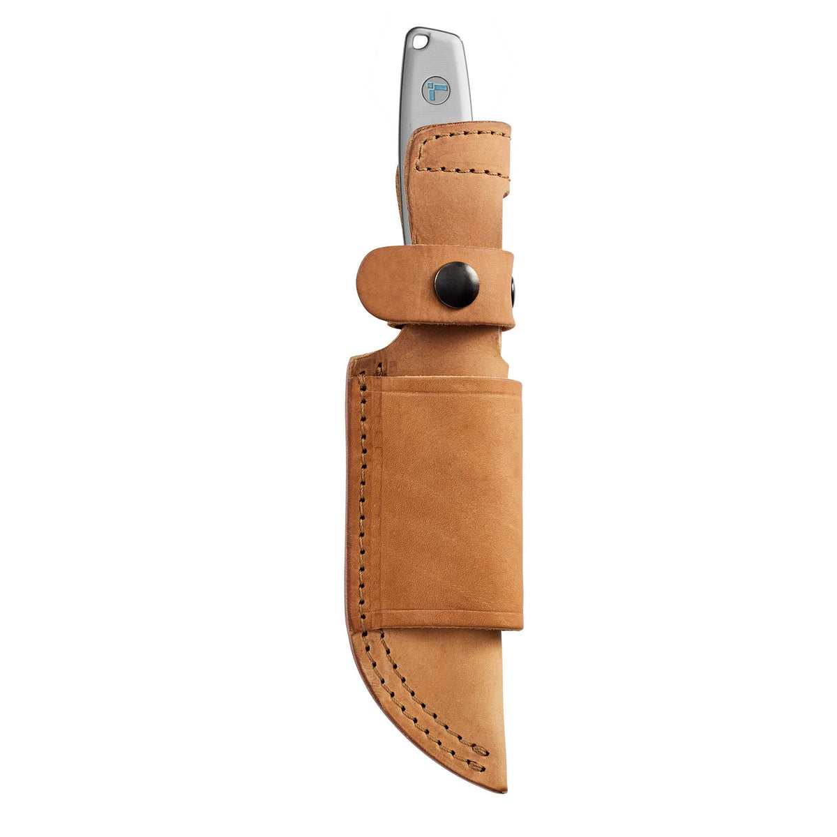 Leatherman Trac Alpine fixed-blade knife sheathed in a tan leather belt sheath with black snap closures, displayed on a white background.