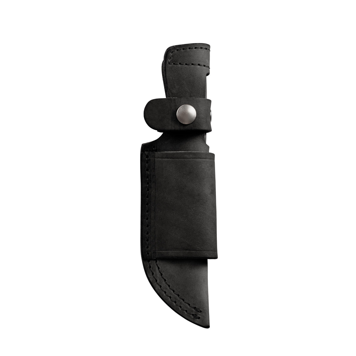 Translation missing: de.Black leather belt sheath with silver snap closures and reinforced stitching, designed to securely hold a fixed-blade knife