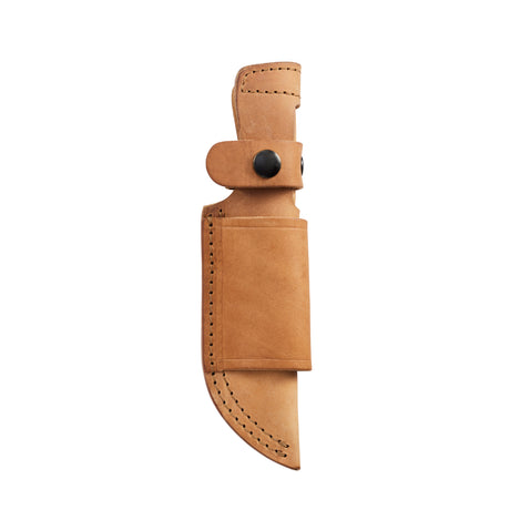 Translation missing: de.Tan leather belt sheath with black snap closures and reinforced stitching, designed to securely hold a fixed-blade knife