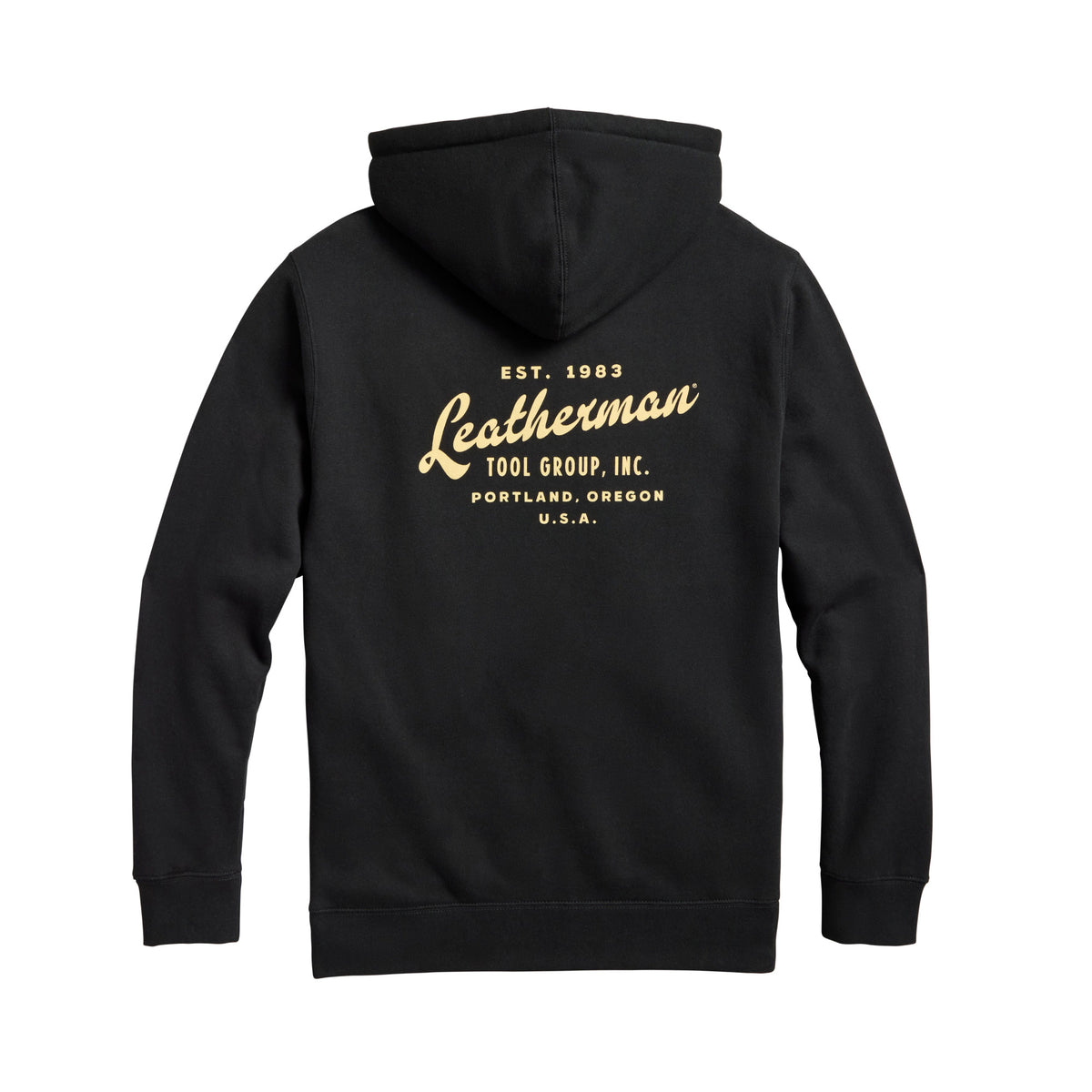 Back of the black Leatherman Vintage hoodie. "Leatherman" is in a cursive font. Established 1983.