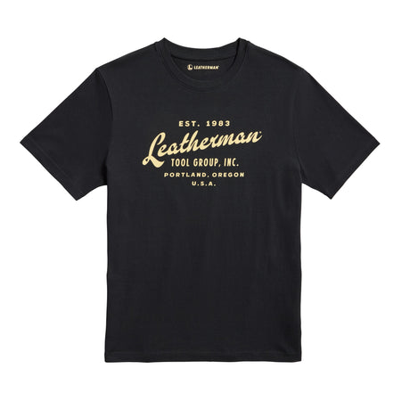 Translation missing: de.Front of the black Leatherman Vintage tee showcasing 'Leatherman' in a cursive font. Established 1983 in Portland, Oregon USA