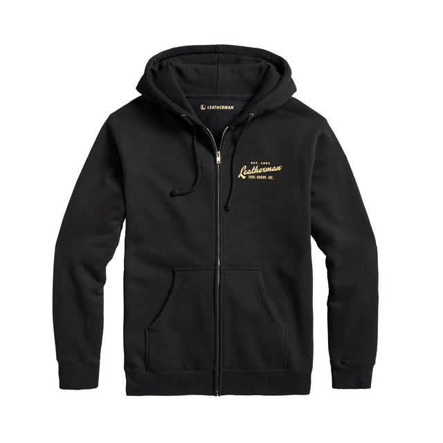 Front of the Leatherman vintage hoodie with the cursive Leatherman logo. Established 1983.