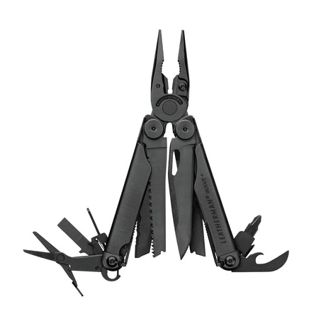 Translation missing: de.Black Leatherman Wave® Plus multi-tool with pliers, blades, and multiple tools displayed in an open position