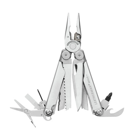 Translation missing: de.Stainless steel Leatherman Wave® Plus multi-tool with pliers and various blades, ideal for DIY, home repairs, and jobsite use