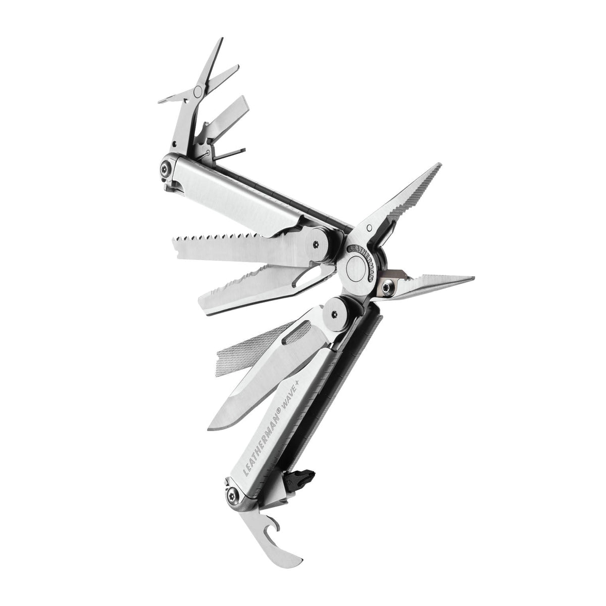 Translation missing: de.Stainless steel Leatherman Wave® Plus multitool beauty image showing the various tools and features
