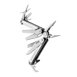 Translation missing: de.Stainless steel Leatherman Wave® Plus multitool beauty image showing the various tools and features
